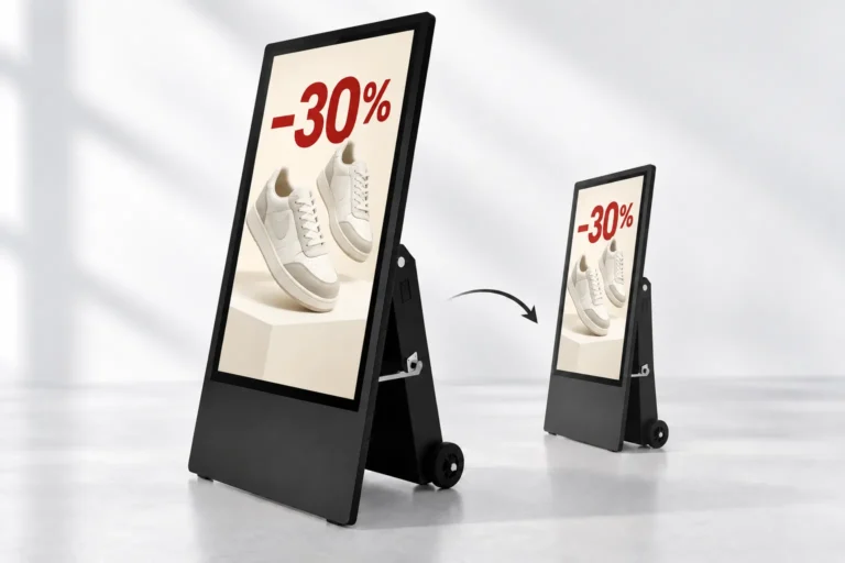 Illustration: Ein akkubetriebenes A-Aufsteller-Display ist geöffnet und zusammengeklappt dargestellt, jeweils mit demselben Schuhrabatt.