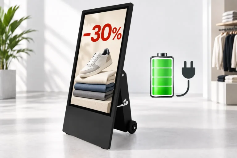 Illustration: Ein akkubetriebenes Werbedisplay mit Rollen zeigt einen Kleidungsrabatt neben Akku- und Ladesymbolen.