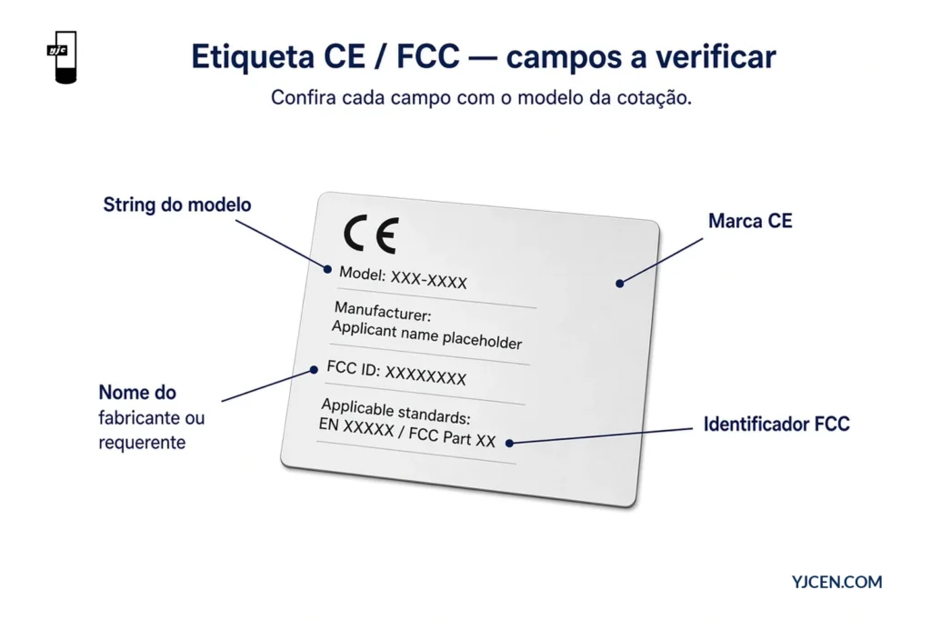 Etiqueta de conformidade CE e FCC com destaques para modelo, fabricante, marca CE e identificador FCC a conferir com a cotação