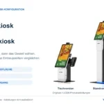 Modularer YJCEN-POS-Kiosk als Tisch- und Standversion mit gleichem Hochformatbildschirm, Druckergehäuse und seitlicher Halterung für das Zahlungsterminal.