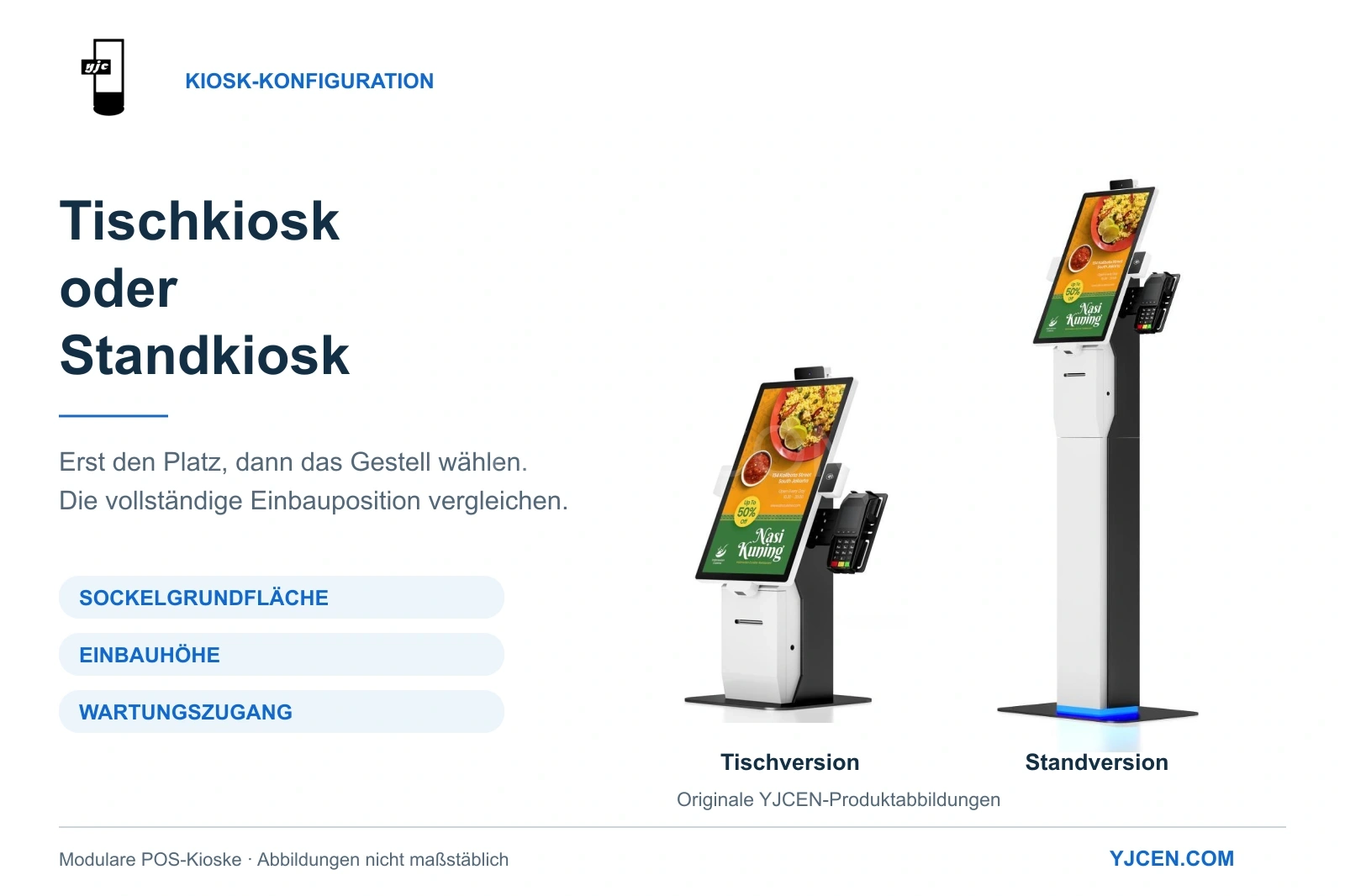 Modularer YJCEN-POS-Kiosk als Tisch- und Standversion mit gleichem Hochformatbildschirm, Druckergehäuse und seitlicher Halterung für das Zahlungsterminal.
