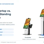 YJCEN modular POS kiosk shown in countertop and floor-standing configurations, with the same portrait screen, printer housing and side payment-terminal mount.
