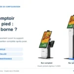 Borne POS modulaire YJCEN en versions de comptoir et sur pied, avec le même écran portrait, boîtier d’imprimante et support latéral de terminal de paiement.