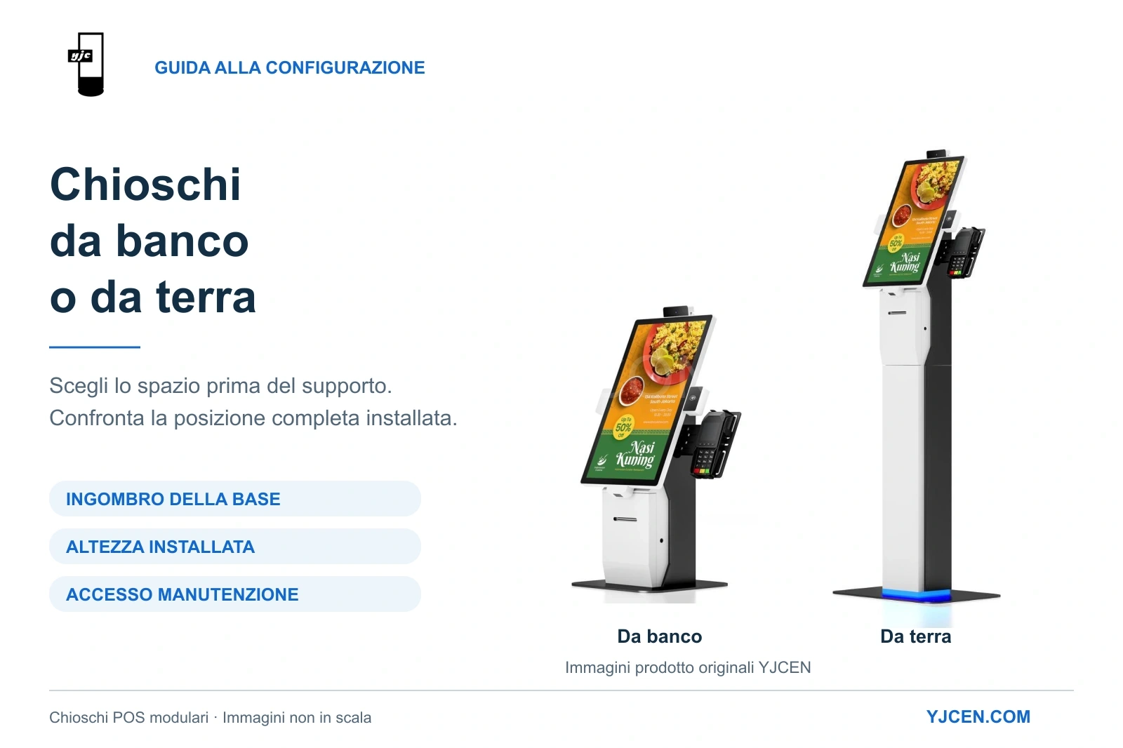 Chiosco POS modulare YJCEN nelle versioni da banco e da terra, con lo stesso schermo verticale, involucro stampante e supporto laterale del terminale di pagamento.