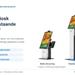 Modulaire YJCEN-POS-kiosk als balie- en vrijstaande uitvoering, met hetzelfde portretscherm, printerhuis en zijdelingse houder voor de betaalterminal.