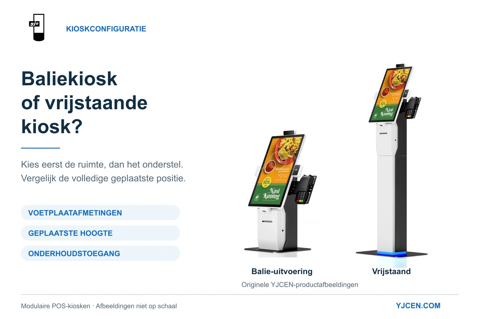 Modulaire YJCEN-POS-kiosk als balie- en vrijstaande uitvoering, met hetzelfde portretscherm, printerhuis en zijdelingse houder voor de betaalterminal.