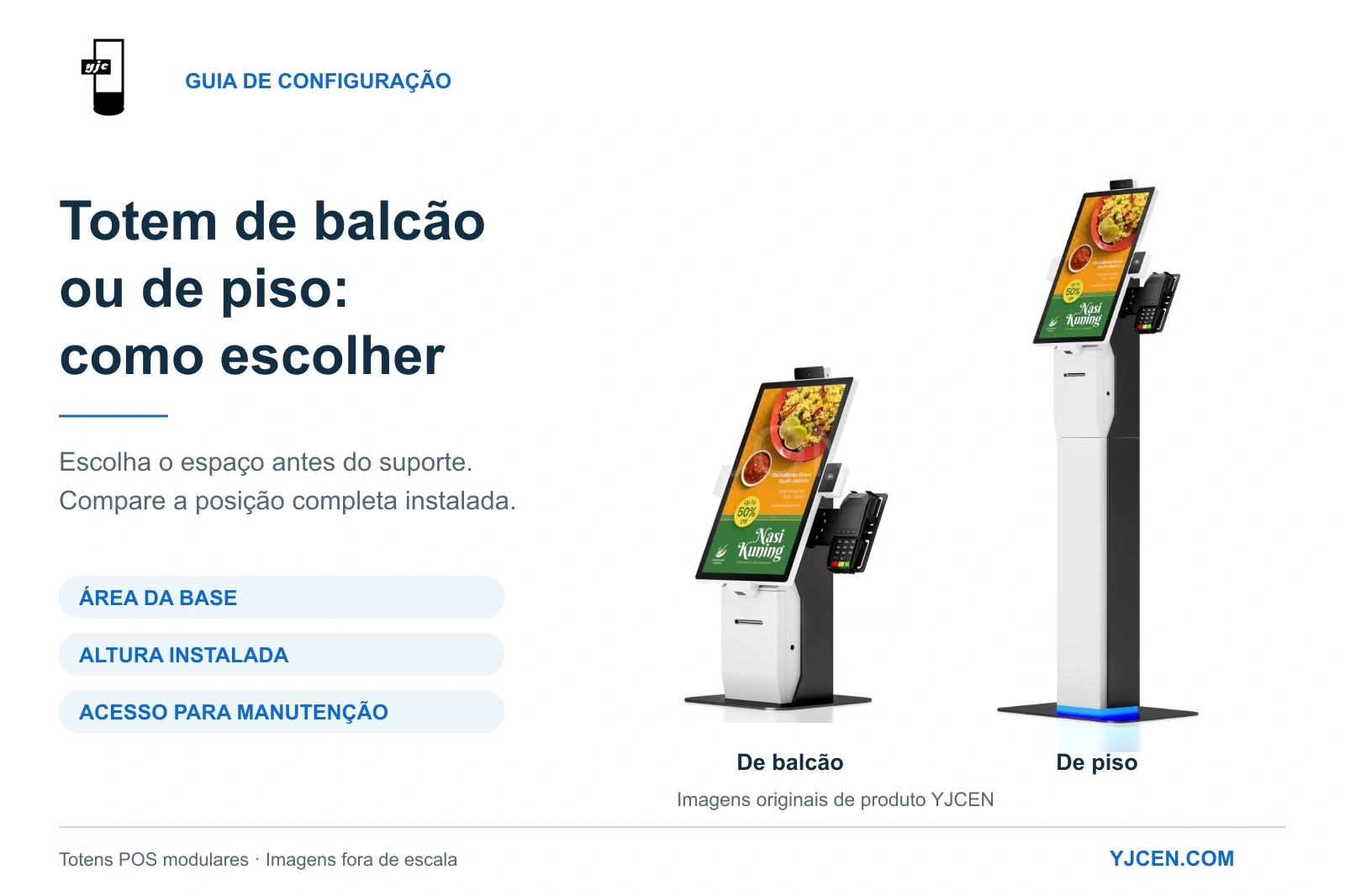 Totem POS modular YJCEN nas versões de balcão e de piso, com a mesma tela vertical, gabinete de impressora e suporte lateral do terminal de pagamento.