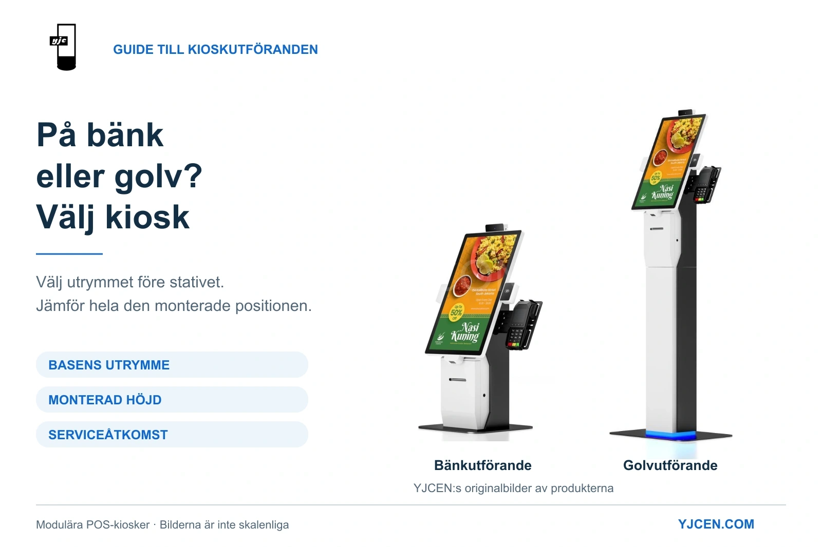 Modulär POS-kiosk från YJCEN i bänk- och golvutförande, med samma stående skärm, skrivarhus och sidofäste för betalterminalen.