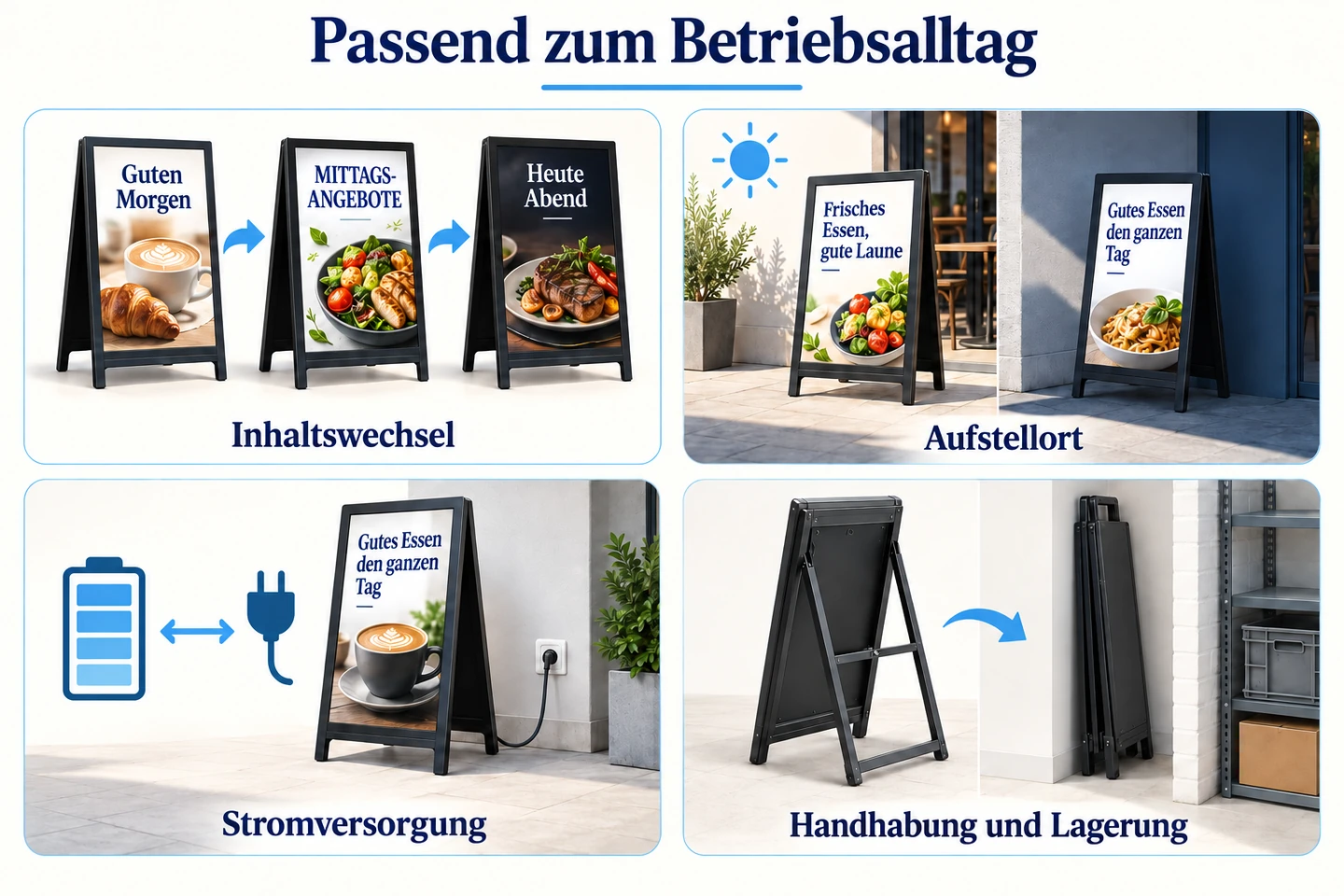 Vier Bildfelder zeigen Inhaltswechsel, Aufstellort, Stromversorgung und Lagerung eines digitalen Kundenstoppers.