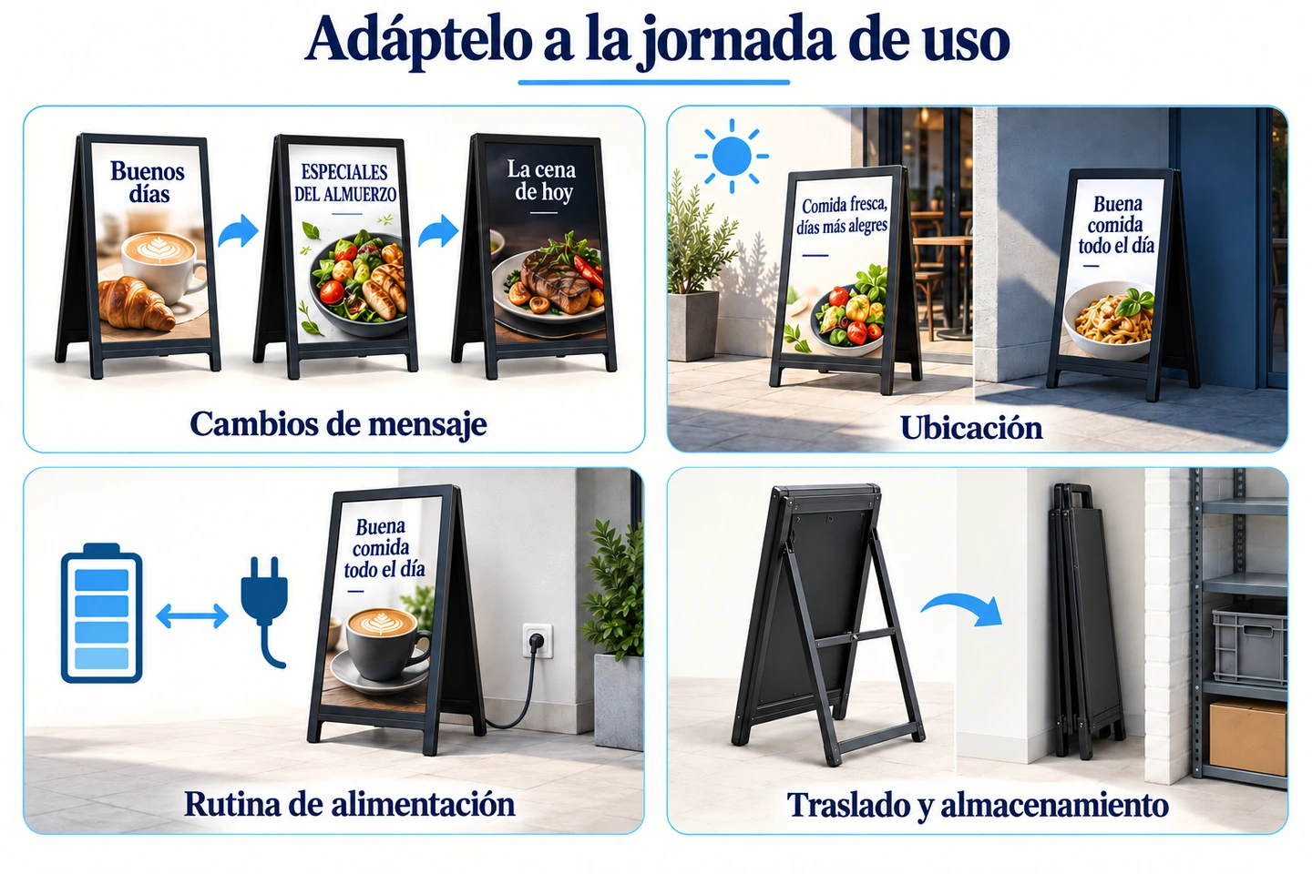 Cuatro paneles ilustrados muestran los cambios de mensaje, la ubicación, la alimentación y el almacenamiento de un caballete digital.