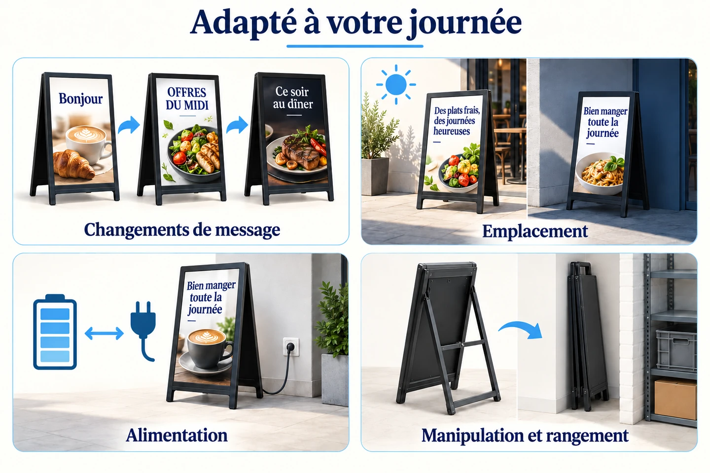 Quatre illustrations présentent les changements de message, l’emplacement, l’alimentation et le rangement d’un chevalet numérique.