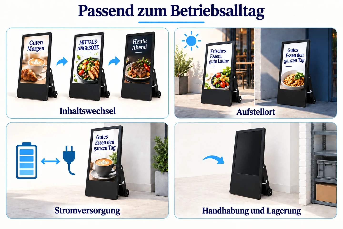 Vier Bildfelder zeigen Inhaltswechsel, Aufstellort, Stromversorgung und Lagerung eines digitalen Kundenstoppers.