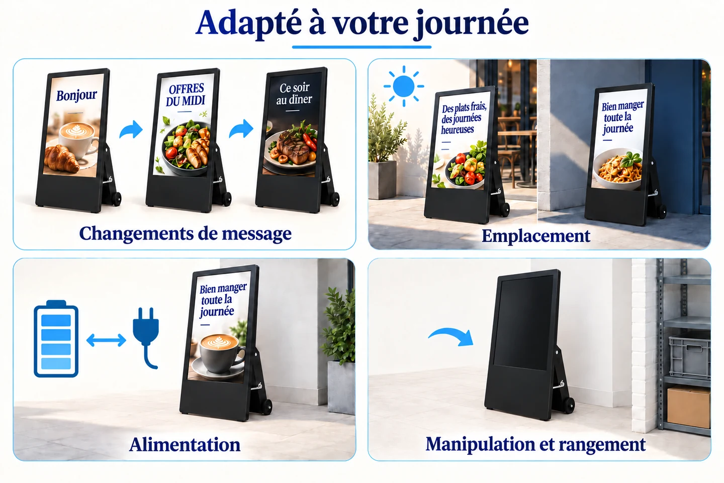 Quatre illustrations présentent les changements de message, l’emplacement, l’alimentation et le rangement d’un chevalet numérique.