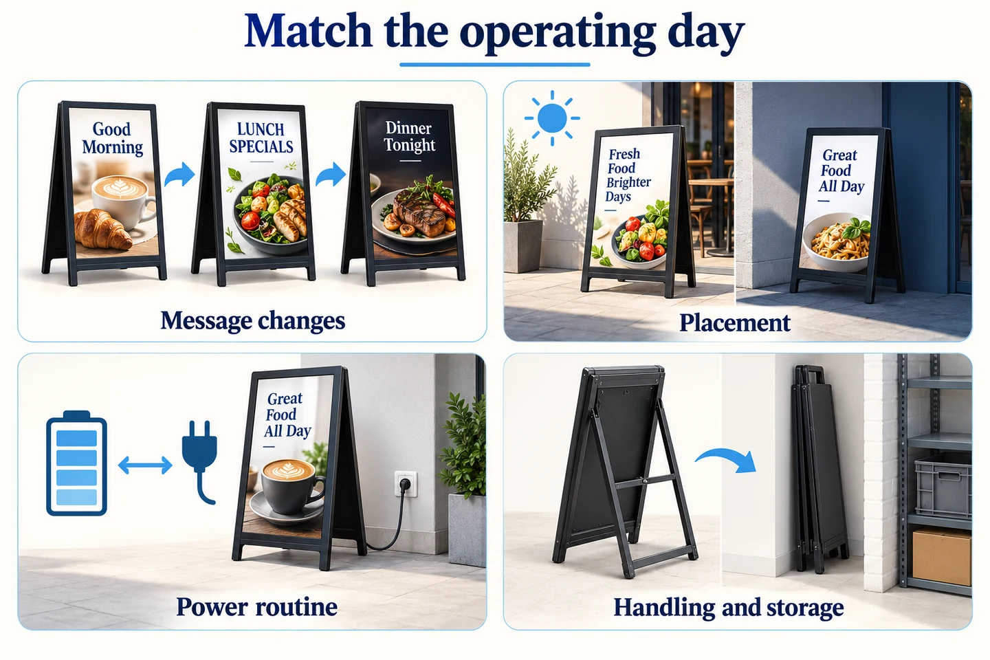 Four illustrated panels cover message changes, placement, power and storage for a digital A-board.
