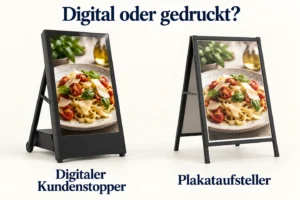 Ein digitaler Kundenstopper und ein Plakataufsteller zeigen nebeneinander dasselbe Speisenmotiv.