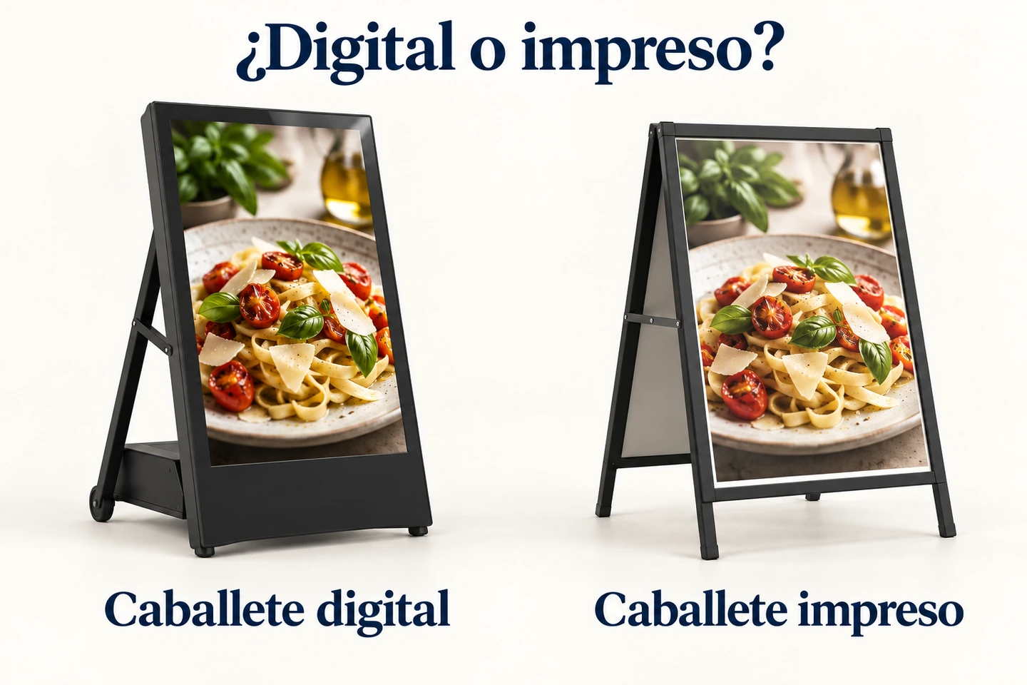 Un caballete digital y otro con cartel impreso muestran la misma imagen de comida uno junto al otro.