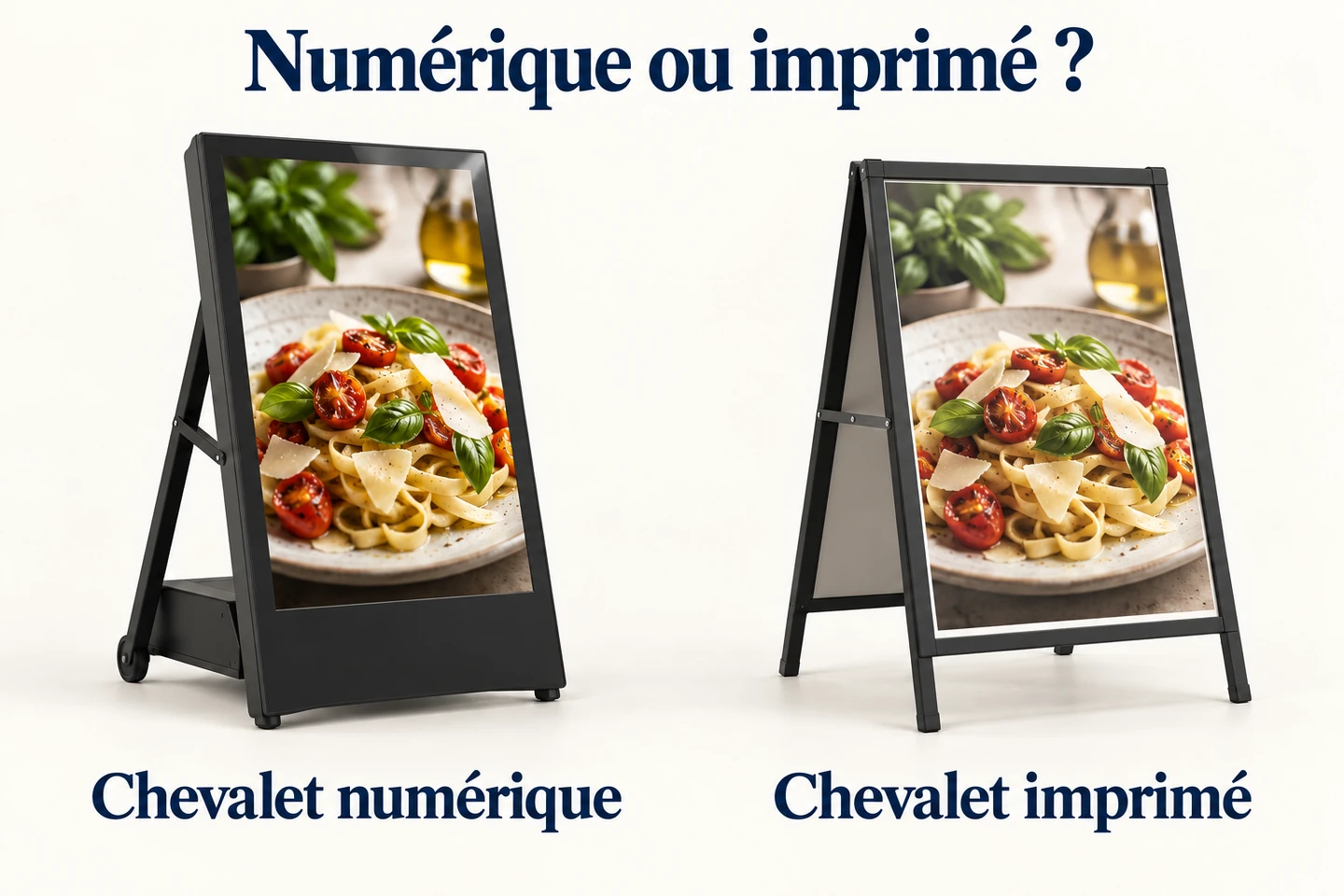 Un chevalet numérique et un chevalet imprimé présentent côte à côte la même image de plat.