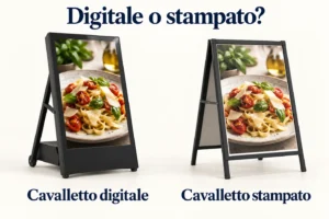 Un cavalletto digitale e uno con poster stampato mostrano la stessa immagine di cibo affiancati.