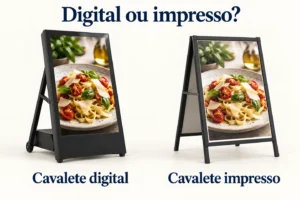 Um cavalete digital e um cavalete impresso mostram a mesma imagem de comida lado a lado.