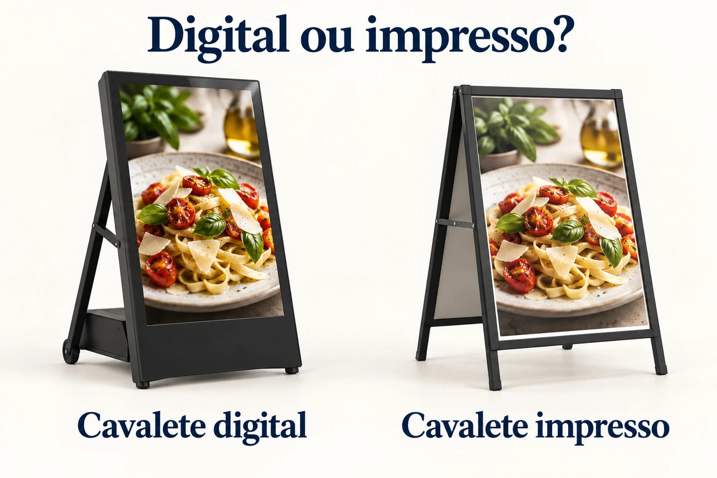 Um cavalete digital e um cavalete impresso mostram a mesma imagem de comida lado a lado.