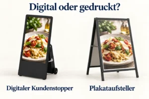 Ein digitaler Kundenstopper und ein Plakataufsteller zeigen nebeneinander dasselbe Speisenmotiv.