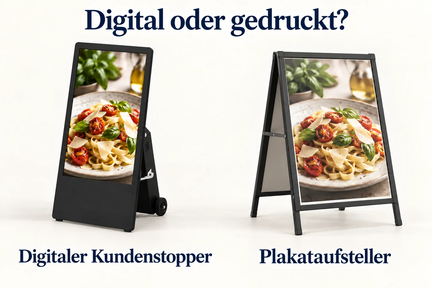 Ein digitaler Kundenstopper und ein Plakataufsteller zeigen nebeneinander dasselbe Speisenmotiv.