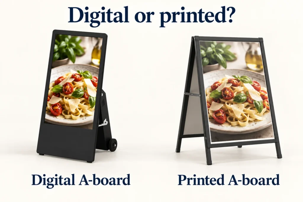 A digital A-board and a printed A-frame display the same food image side by side.