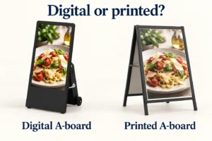 A digital A-board and a printed A-frame display the same food image side by side.