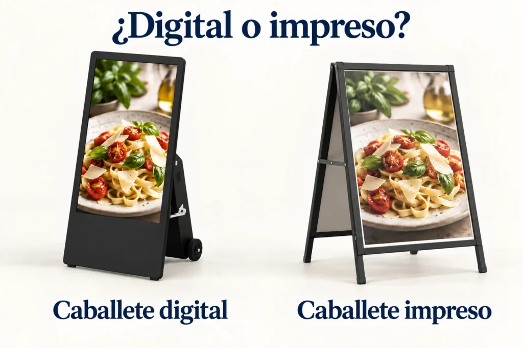Un caballete digital y otro con cartel impreso muestran la misma imagen de comida uno junto al otro.