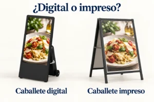Un caballete digital y otro con cartel impreso muestran la misma imagen de comida uno junto al otro.