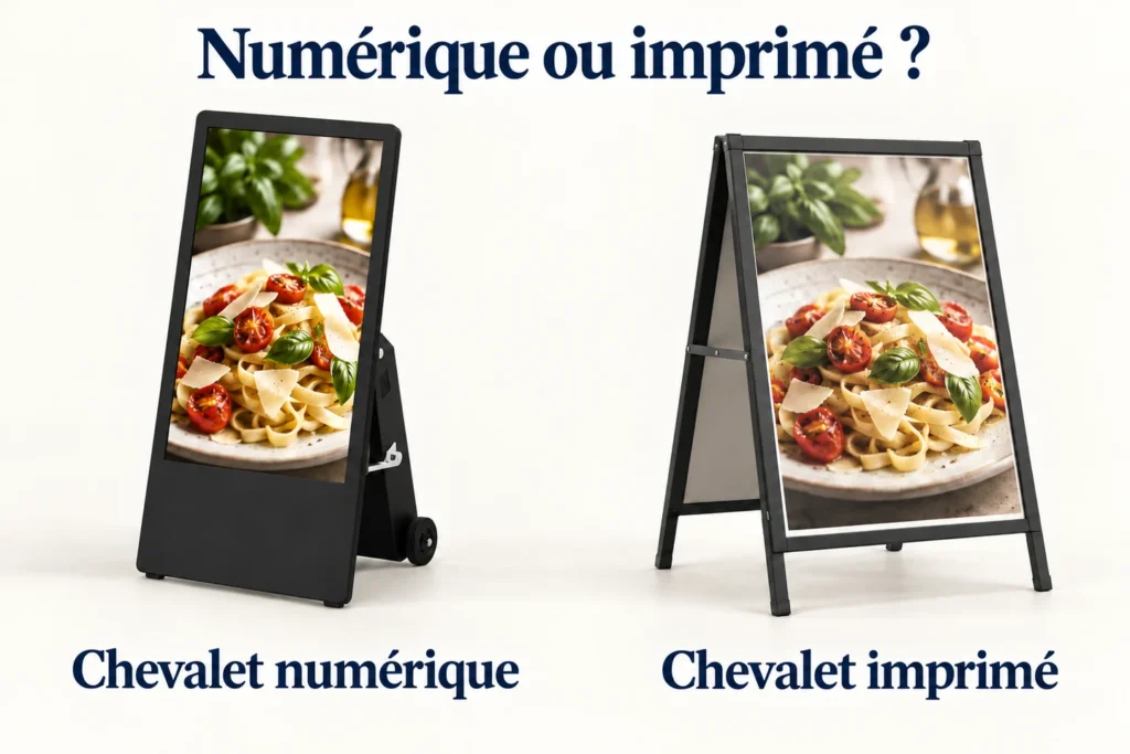 Un chevalet numérique et un chevalet imprimé présentent côte à côte la même image de plat.