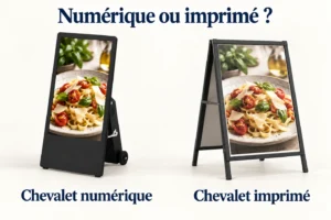 Un chevalet numérique et un chevalet imprimé présentent côte à côte la même image de plat.