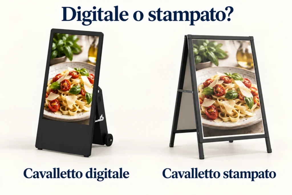Un cavalletto digitale e uno con poster stampato mostrano la stessa immagine di cibo affiancati.