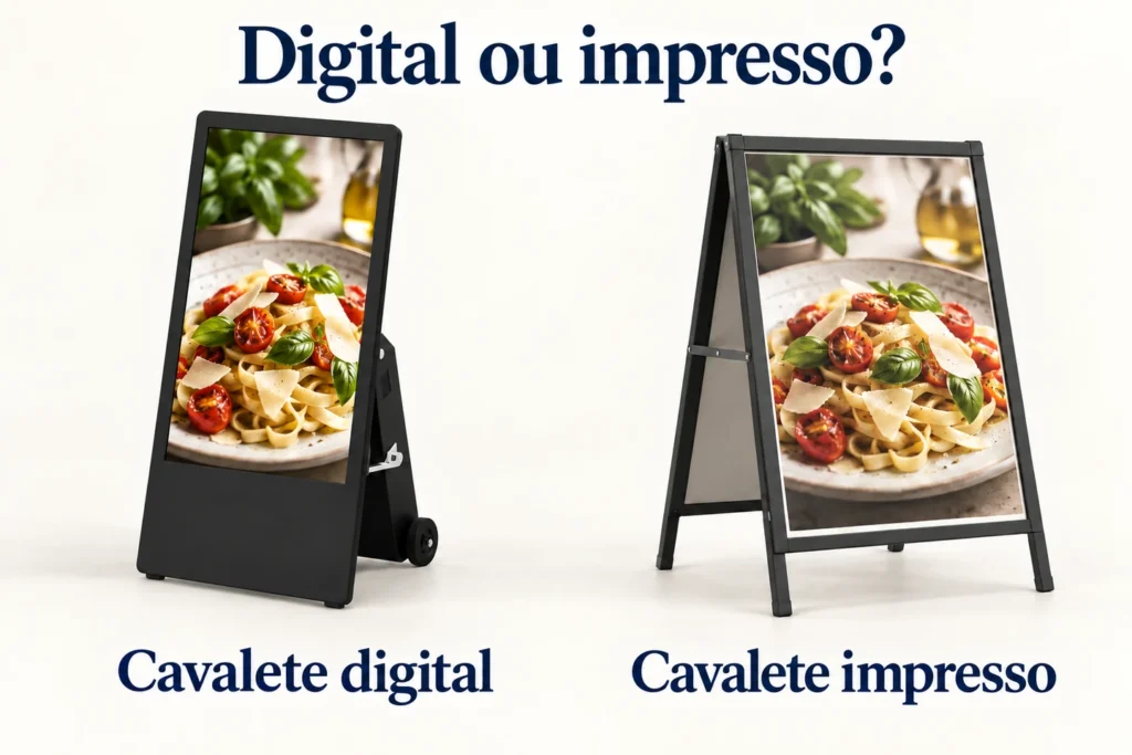 Um cavalete digital e um cavalete impresso mostram a mesma imagem de comida lado a lado.