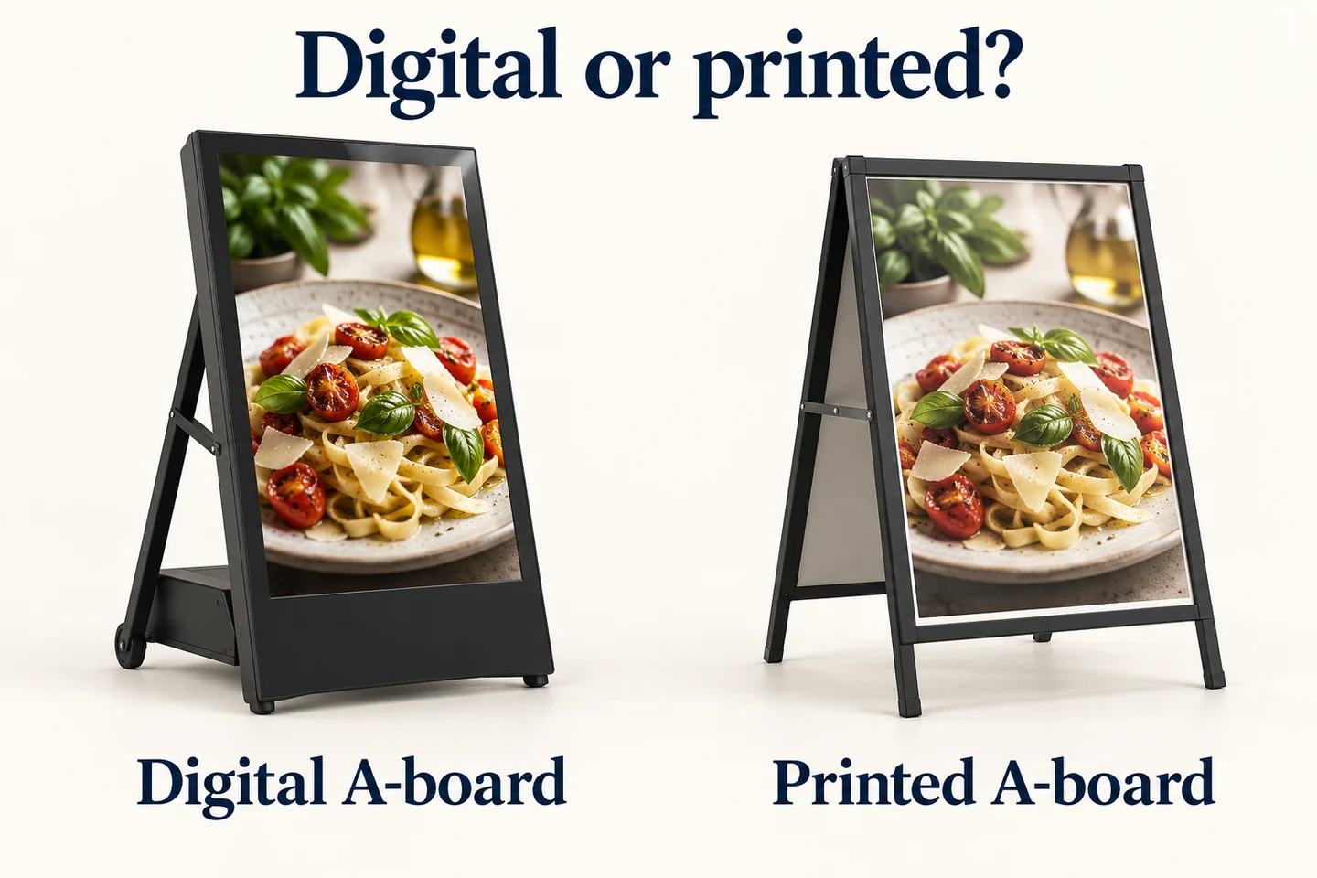 A digital A-board and a printed A-frame display the same food image side by side.
