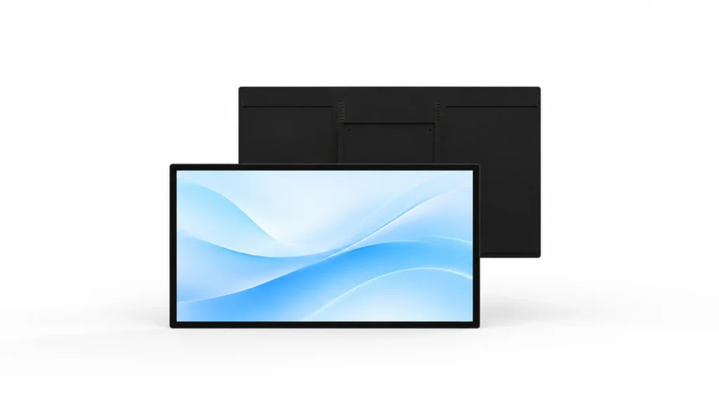 Vorder- und Rückansicht eines schwarzen Wanddisplays für Innenräume mit Bildschirm im Querformat, schmalem Rahmen und sichtbarem rückseitigem Gehäuse.