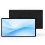 Vorder- und Rückansicht eines schwarzen Wanddisplays für Innenräume mit Bildschirm im Querformat, schmalem Rahmen und sichtbarem rückseitigem Gehäuse.