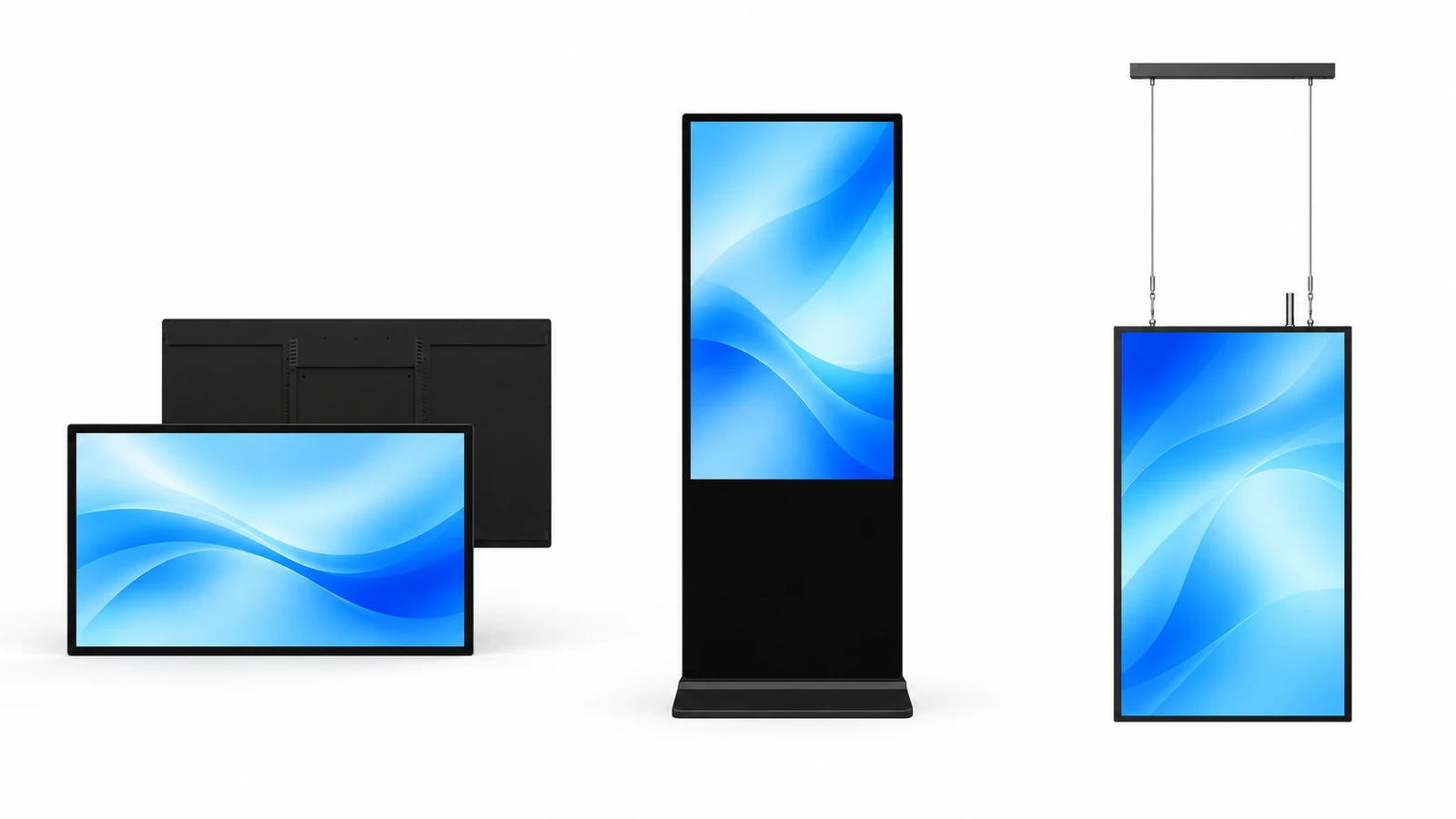 Drie productaanzichten: een liggend wanddisplay, een zwart vrijstaand display met brede voet en een staand etalagedisplay dat aan twee kabels hangt.