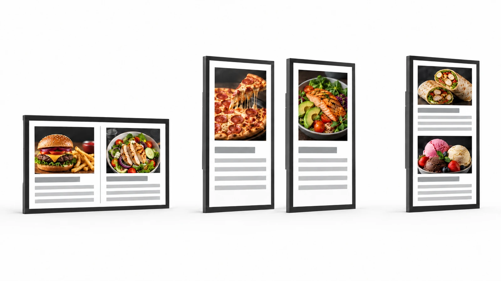 LCD-buitenbehuizingen vergelijken een liggend menu, twee aparte staande menu’s en twee gestapelde contentgroepen op één staand scherm.