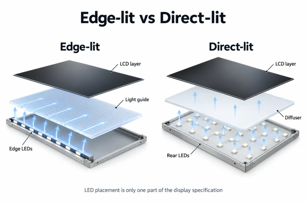 Confronto in vista esplosa tra LED ai bordi con guida di luce e LED posteriori con diffusore