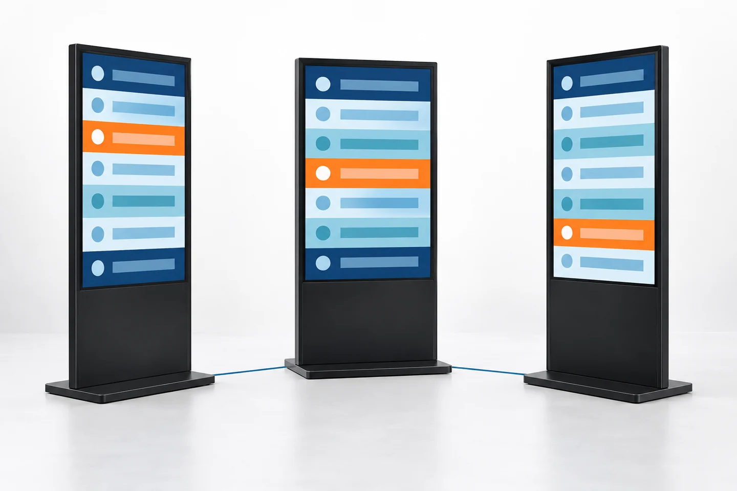 ثلاث شاشات فعاليات قائمة بذاتها تعرض تخطيطات تجريدية متناسقة للبرنامج