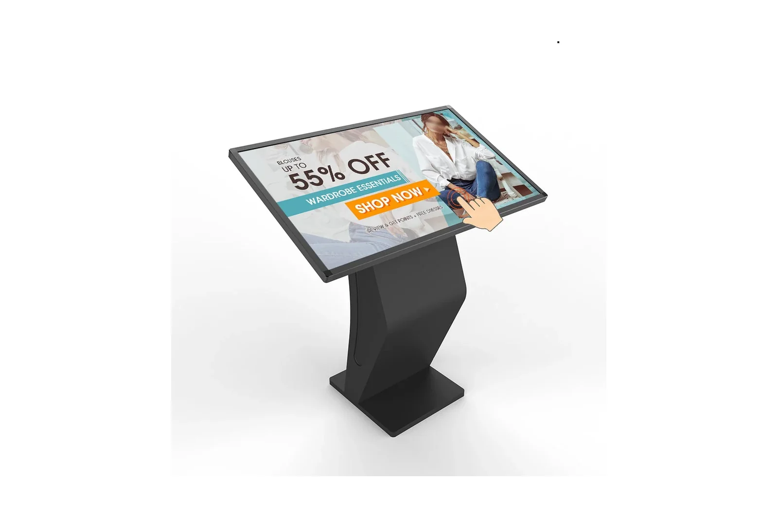 Borne tactile interactive représentative en angle sur fond blanc, écran incliné et piédestal courbe, sans badge OS sur le châssis