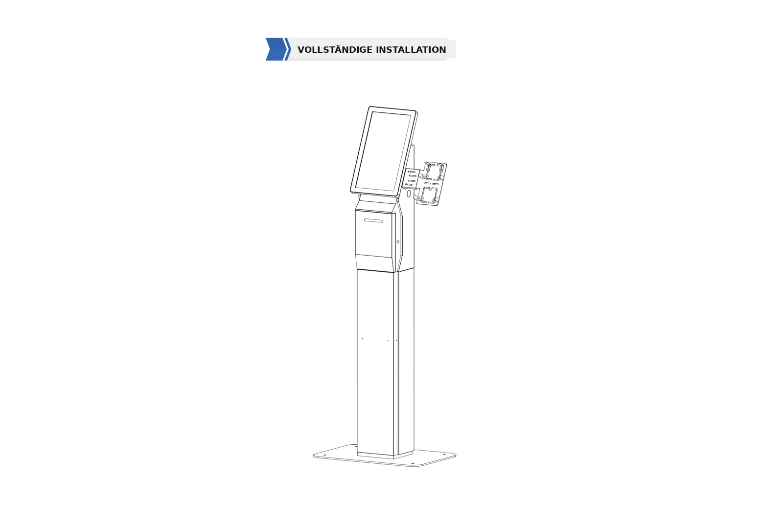 Zeichnung der vollständigen Installation eines modularen Self-Service-Kiosks mit Hochformat-Kopf, Druckeröffnung, leerer säulenseitiger Peripheriehalterung, Pedestal und Bodenplatte