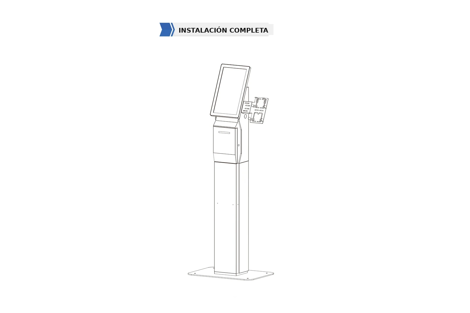 Dibujo de instalación completa de kiosco de autoservicio modular con cabeza vertical, ranura de impresora, soporte periférico vacío en la columna, pedestal y placa base de suelo