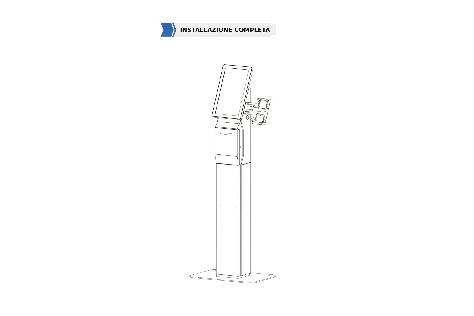 Disegno di installazione completa del chiosco self-service modulare con testa verticale, slot stampante, staffa periferica laterale vuota sulla colonna, piedistallo e piastra di base a pavimento