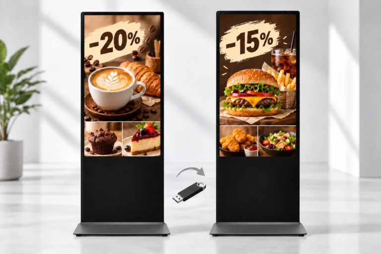Illustration: Two floor-standing displays show cafe and burger promotions beside a USB content-update symbol.