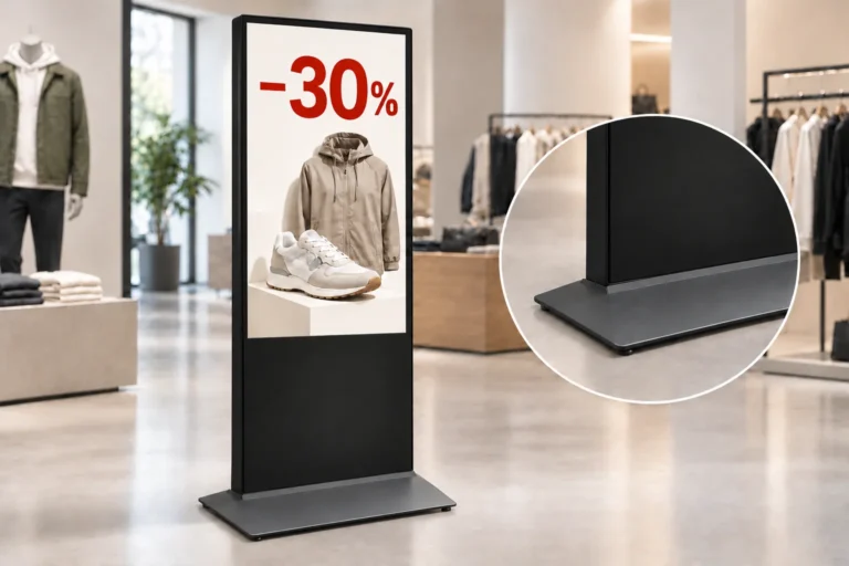 Illustration: A floor-standing display advertises clothing discounts inside a shop, with a close-up of its base.