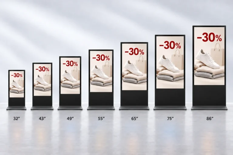 Illustration: Seven floor-standing digital signage displays, from 32 to 86 inches, show a matching 30% retail discount.