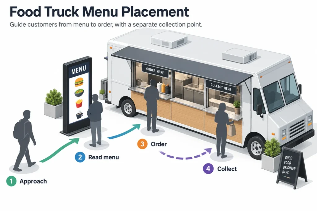 Ein Foodtruck-Plan zeigt ankommende Kunden, die vor Bestellung und Abholung ein freistehendes Menüdisplay lesen.