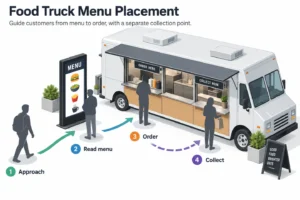Un schéma de food truck montre les clients qui arrivent lisant un menu sur pied avant de commander et de retirer leur repas.